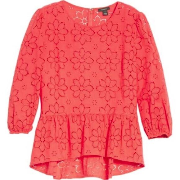 Halogen Women's 3/4 Sleeve Eyelet Floral Peplum Blouse In Red Poinsettia XS $69 - Picture 1 of 3